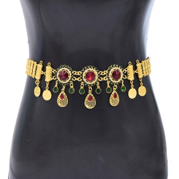 N-8371 Golden Middle Eastern Ethnic Clothing Waist Chain Colorful Crystal Coin Body Jewelry