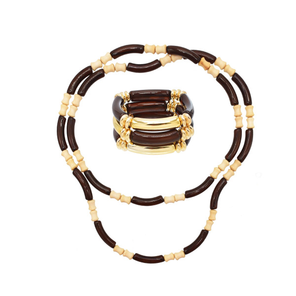 N-8359 B-1337 Gold Brown Alloy Necklace Bracelet Jewelry Set 2 PC Statement Jewelry Set for Girls Women Party