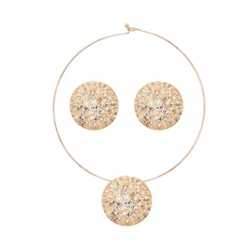 N-8376 Fashion Minimalist Round Gold Aloy Irregular Embossed Pattern Collar Necklace Earrings Jewelry Sets