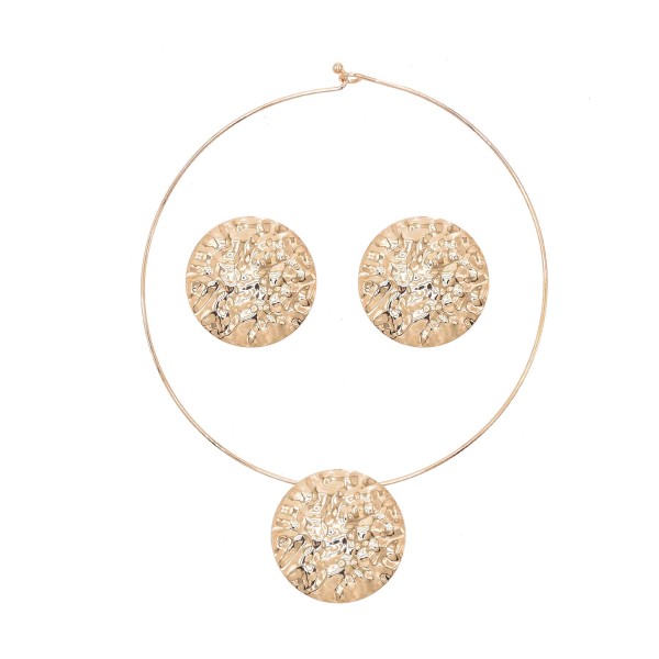 N-8376 Fashion Minimalist Round Gold Aloy Irregular Embossed Pattern Collar Necklace Earrings Jewelry Sets