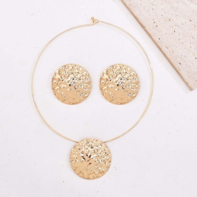 N-8376 Fashion Minimalist Round Gold Aloy Irregular Embossed Pattern Collar Necklace Earrings Jewelry Sets