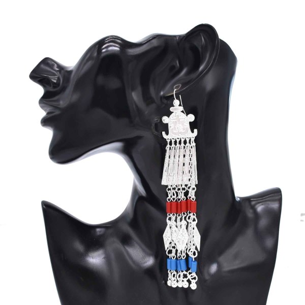 E-6753 Long Tassel Women Earrings Alloy Silver Carved Ethnic Charms Bell Drop Earrings