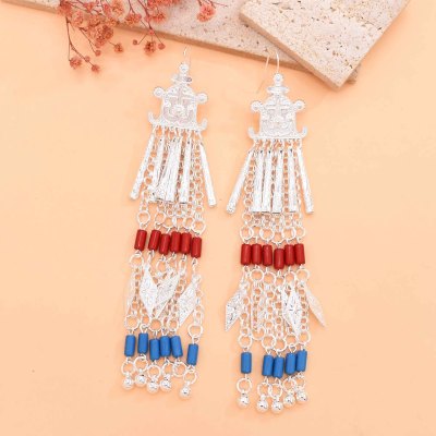 E-6753 Long Tassel Women Earrings Alloy Silver Carved Ethnic Charms Bell Drop Earrings