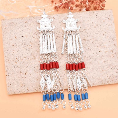 E-6753 Long Tassel Women Earrings Alloy Silver Carved Ethnic Charms Bell Drop Earrings