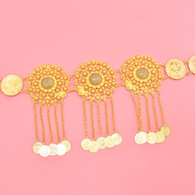 N-8384 Vintage Middle Eastern style hollowed out gold flower coin long tassel waist chain