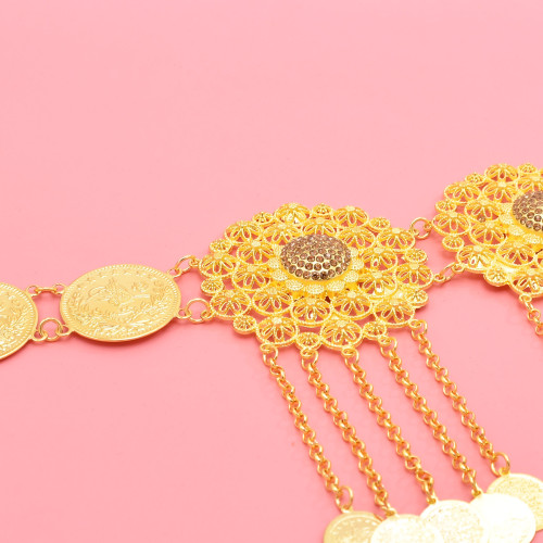 N-8384 Vintage Middle Eastern style hollowed out gold flower coin long tassel waist chain