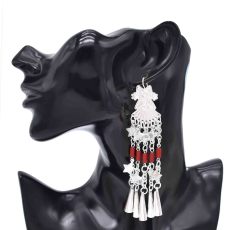 Ethnic Silvery Alloy Long Star Red Beads Tassel  Dangle Earrings for Women