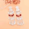 E-6752 Ethnic Silvery Alloy Long Star Red Beads Tassel  Dangle Earrings for Women