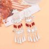 E-6752 Ethnic Silvery Alloy Long Star Red Beads Tassel  Dangle Earrings for Women