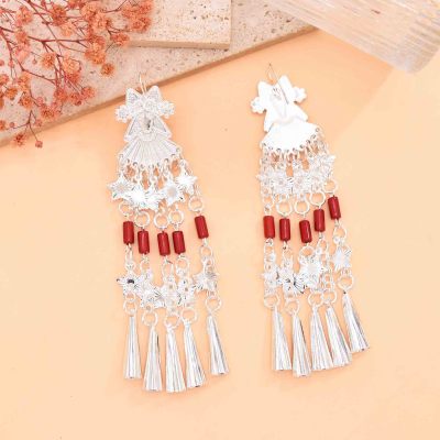 E-6752 Ethnic Silvery Alloy Long Star Red Beads Tassel  Dangle Earrings for Women