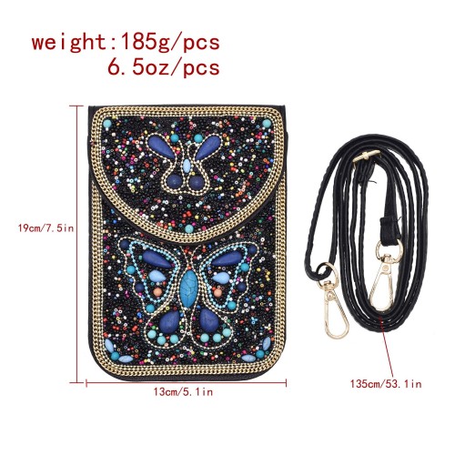 N-8383 Bohemian Tibetan Style Black Beads Blue Turquoise Butterfly Pattern Leather Shoulder Bag