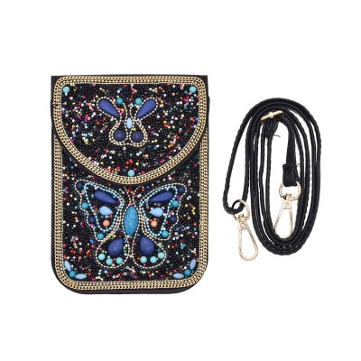 N-8383 Bohemian Tibetan Style Black Beads Blue Turquoise Butterfly Pattern Leather Shoulder Bag