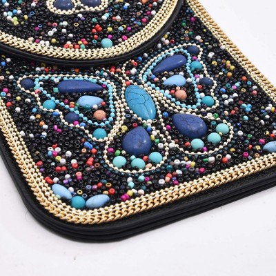N-8383 Bohemian Tibetan Style Black Beads Blue Turquoise Butterfly Pattern Leather Shoulder Bag