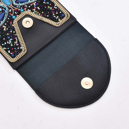 N-8383 Bohemian Tibetan Style Black Beads Blue Turquoise Butterfly Pattern Leather Shoulder Bag