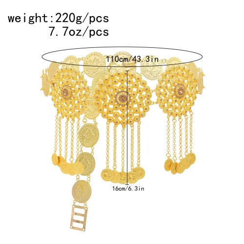 N-8385 Gold 3 Hollow Round Flower Long Chain Coins Tassel Waist Chain Middle Eastern Ethnic Body Jewelry