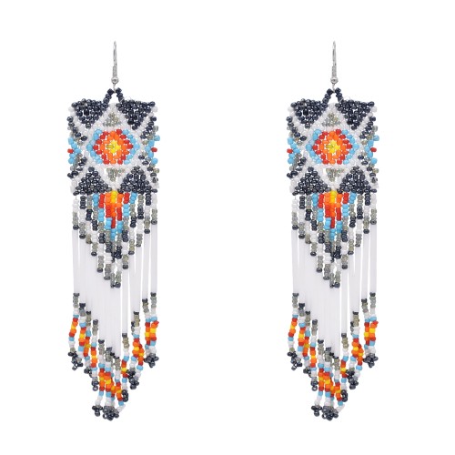 E-6759 Boho Ethnic Silvery Alloy Long Muti-Color Beads Tassel  Dangle Earrings for Girls Women