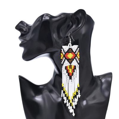 E-6759 Boho Ethnic Silvery Alloy Long Muti-Color Beads Tassel  Dangle Earrings for Girls Women