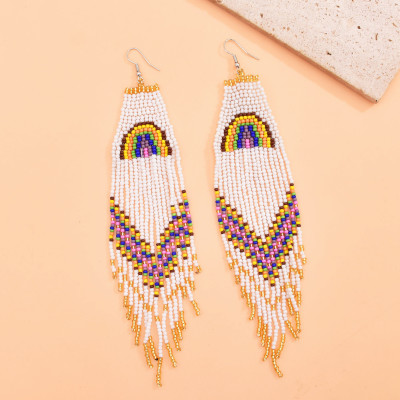 E-6761 Bohemian silver multi-color bead tassel women's earrings