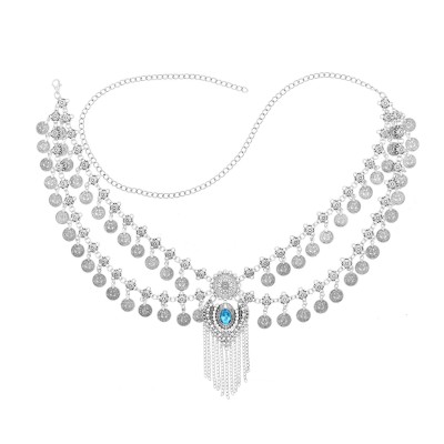 N-8393 Vintage Gold Silver Coin Long Chain Tassel Waist Chain Gypsy Ethnic Body Jewelry