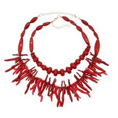 N-8394 Ethnic Imitation Red Coral Two-Layer Chains Necklace Jewelry Gift for Girls Women