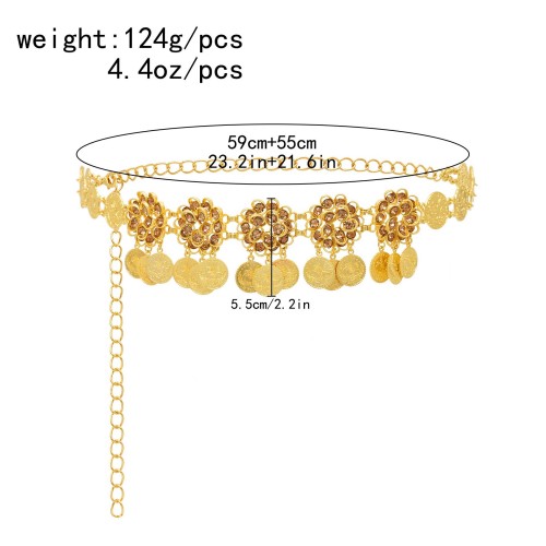 N-8392 Champagne Crystal Flower Gold Coin Waist Chain Fashion National Body Jewelry
