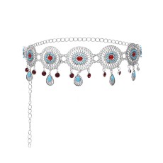 N-8396 Vintage Silver Hollow Flower Acrylic Water Drop Tassel Metal Waist Chain Body Jewelry