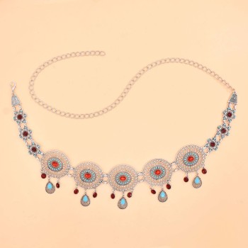 N-8396 Vintage Silver Hollow Flower Acrylic Water Drop Tassel Metal Waist Chain Body Jewelry