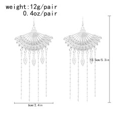 Bohemian style silver fan-shaped long tassel earrings