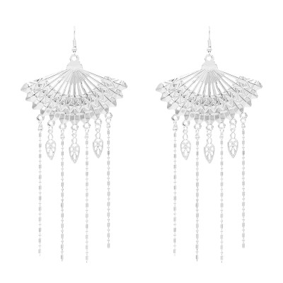 E-6764 Bohemian style silver fan-shaped long tassel earrings