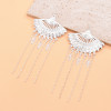 E-6764 Bohemian style silver fan-shaped long tassel earrings