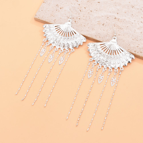 E-6764 Bohemian style silver fan-shaped long tassel earrings