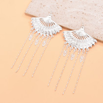 Bohemian style silver fan-shaped long tassel earrings