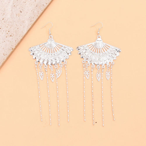 E-6764 Bohemian style silver fan-shaped long tassel earrings