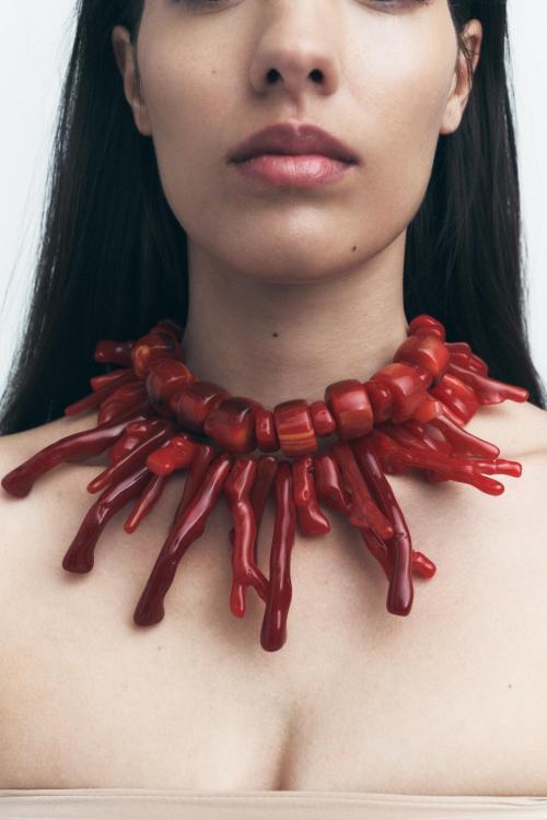 N-8394 Ethnic Imitation Red Coral Two-Layer Chains Necklace Jewelry Gift for Girls Women