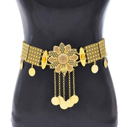 N-8408 Coin Tassel Women Body Jewelry Alloy Carved Flower Statement Waist Chains