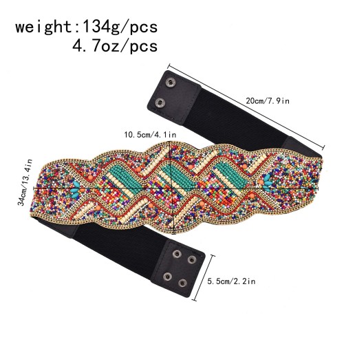 N-8431 Bohemian Colored Beads Geometric Pattern Leather Belt Waistband