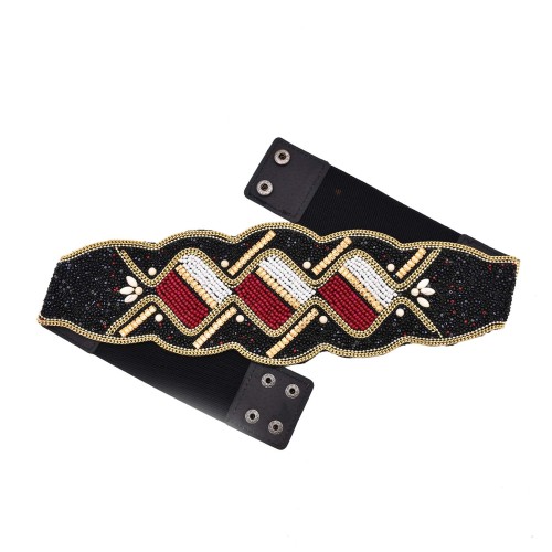 N-8431 Bohemian Colored Beads Geometric Pattern Leather Belt Waistband