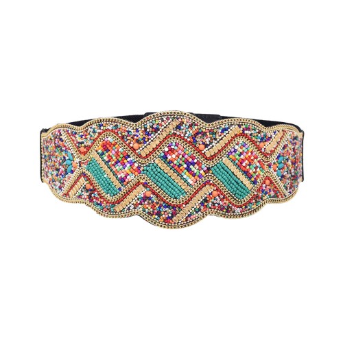 N-8431 Bohemian Colored Beads Geometric Pattern Leather Belt Waistband