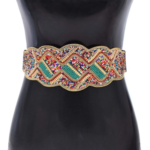 N-8431 Bohemian Colored Beads Geometric Pattern Leather Belt Waistband