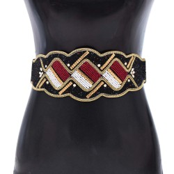 N-8431 Bohemian Colored Beads Geometric Pattern Leather Belt Waistband