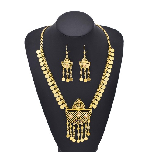 2 Styles Golden Hollow Flower Moon Shaped Necklace Earrings Set Middle Eastern Ethnic Clothing Jewelry Set