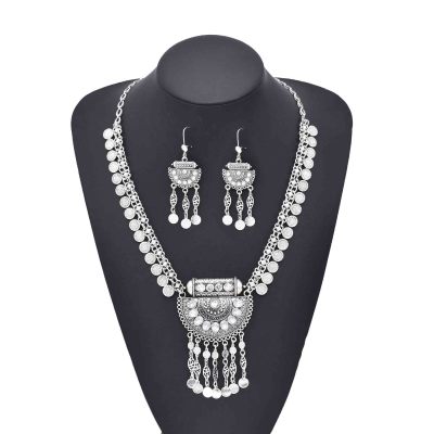 N-8435 2 Styles Silver Hollow Flower Crystal Necklace Earrings Set Middle Eastern Ethnic Clothing Jewelry Set