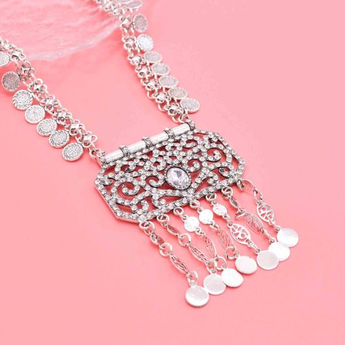 N-8435 2 Styles Silver Hollow Flower Crystal Necklace Earrings Set Middle Eastern Ethnic Clothing Jewelry Set