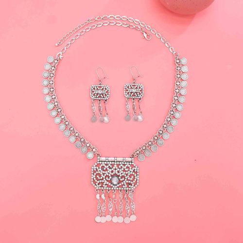 N-8435 2 Styles Silver Hollow Flower Crystal Necklace Earrings Set Middle Eastern Ethnic Clothing Jewelry Set