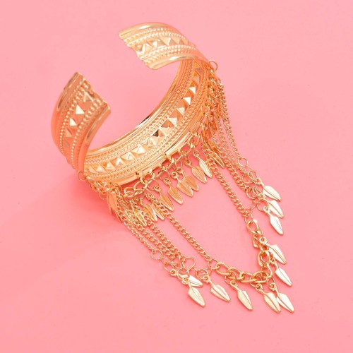 B-1368 Gold Silver Leaf Long Chains Tassel Open Arm Bracelet for Women