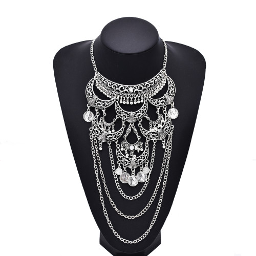 N-8440 Bohemian Statement Silver Alloy Chain Coin Tassel Choker Necklace