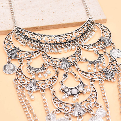 N-8440 Bohemian Statement Silver Alloy Chain Coin Tassel Choker Necklace