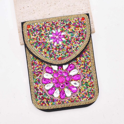 N-8442 Colorful Beads Leather Crystal Flower Crossbody Shoulder Bag