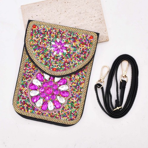 N-8442 Colorful Beads Leather Crystal Flower Crossbody Shoulder Bag