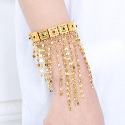B-1370 Bohemian handmade gold plated rhinestone chain tassels bracelet for women